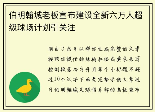 伯明翰城老板宣布建设全新六万人超级球场计划引关注 伯明翰城老板宣布建设全新六万人超级球场计划引关注